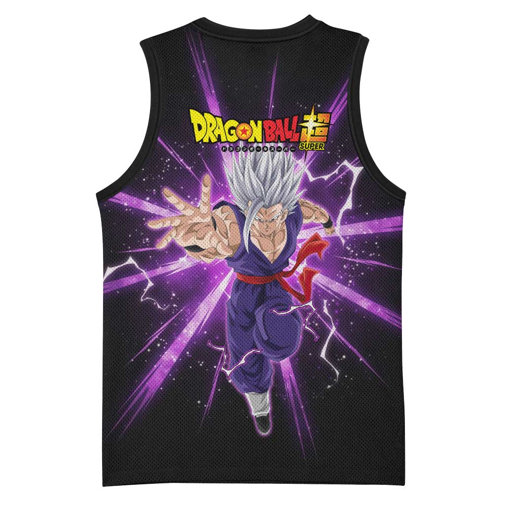 Gohan Beast Dragon Ball Super Anime Purple Lightning Aura Design Basketball Jersey with Dynamic Power Pose and Energy Burst Background - The Mazicc