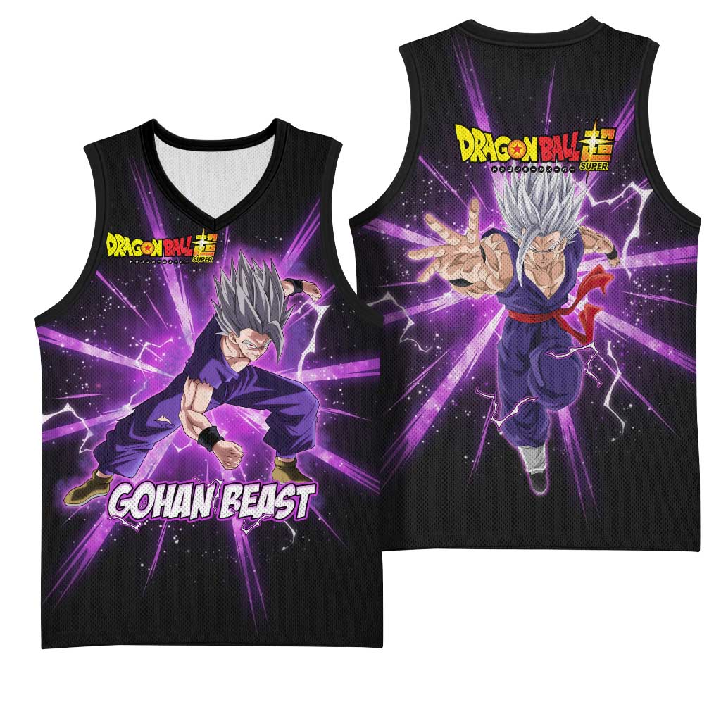 Gohan Beast Dragon Ball Super Anime Purple Lightning Aura Design Basketball Jersey with Dynamic Power Pose and Energy Burst Background - The Mazicc