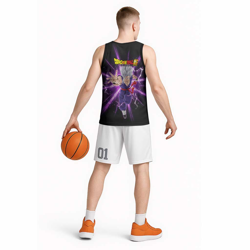 Gohan Beast Dragon Ball Super Anime Purple Lightning Aura Design Basketball Jersey with Dynamic Power Pose and Energy Burst Background - The Mazicc