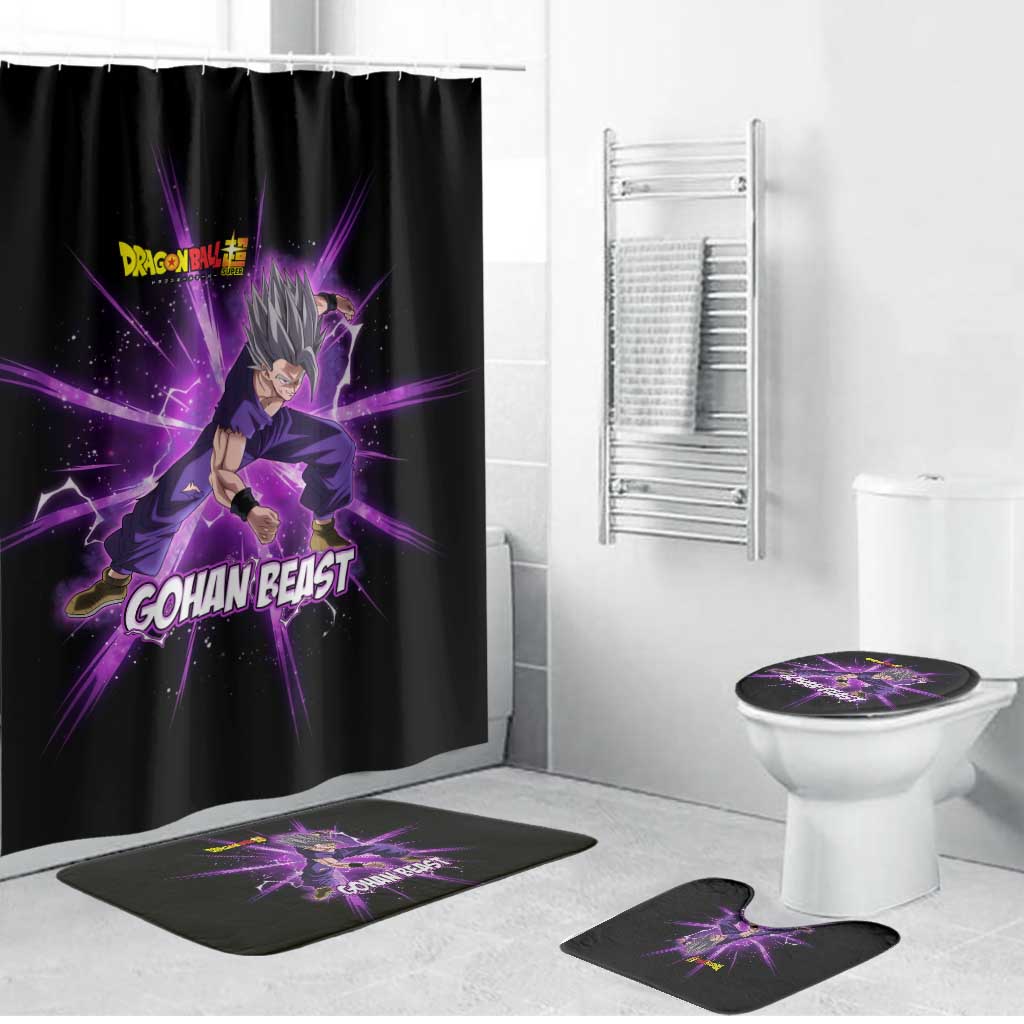 Gohan Beast Dragon Ball Super Anime Purple Lightning Aura Design Bathroom Set with Dynamic Power Pose and Energy Burst Background - The Mazicc