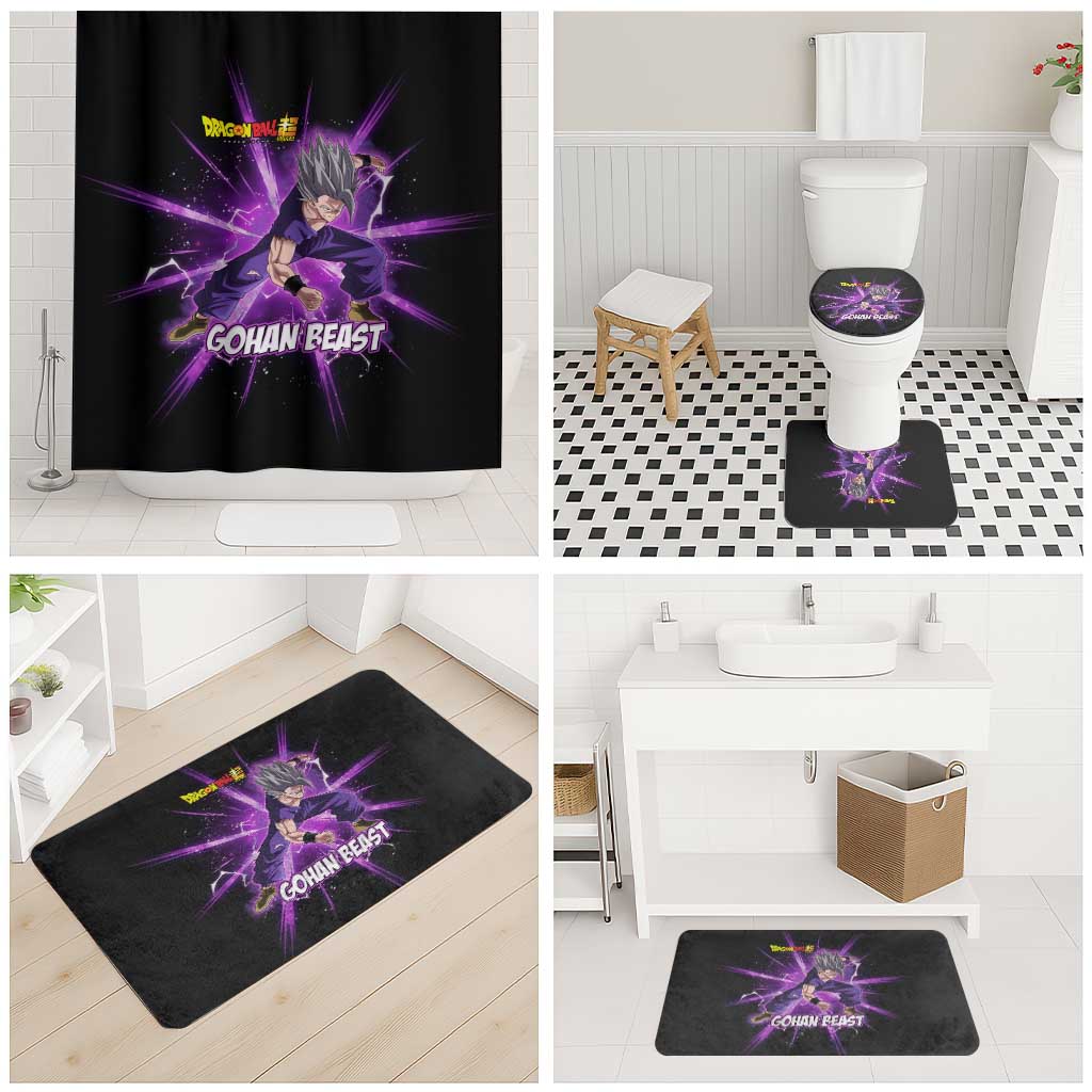 Gohan Beast Dragon Ball Super Anime Purple Lightning Aura Design Bathroom Set with Dynamic Power Pose and Energy Burst Background - The Mazicc