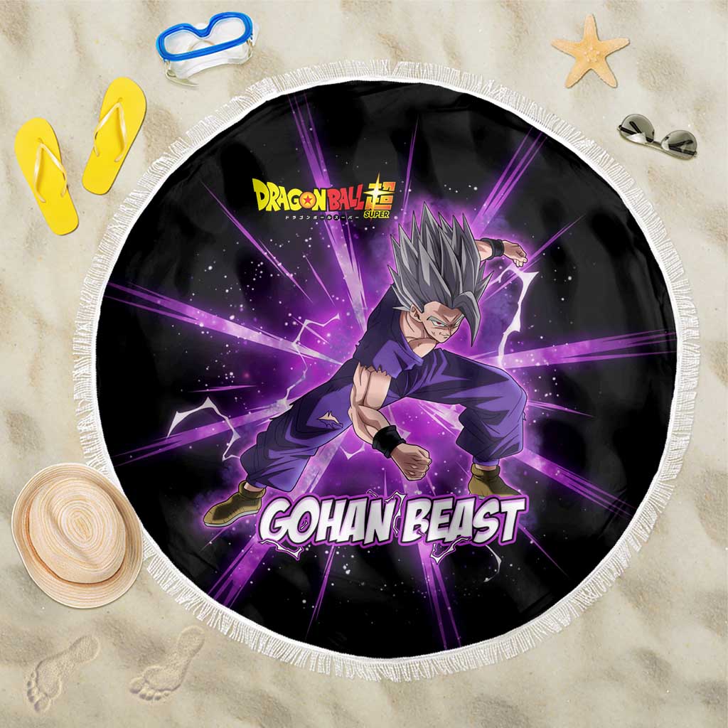 Gohan Beast Dragon Ball Super Anime Purple Lightning Aura Design Beach Blanket with Dynamic Power Pose and Energy Burst Background - The Mazicc