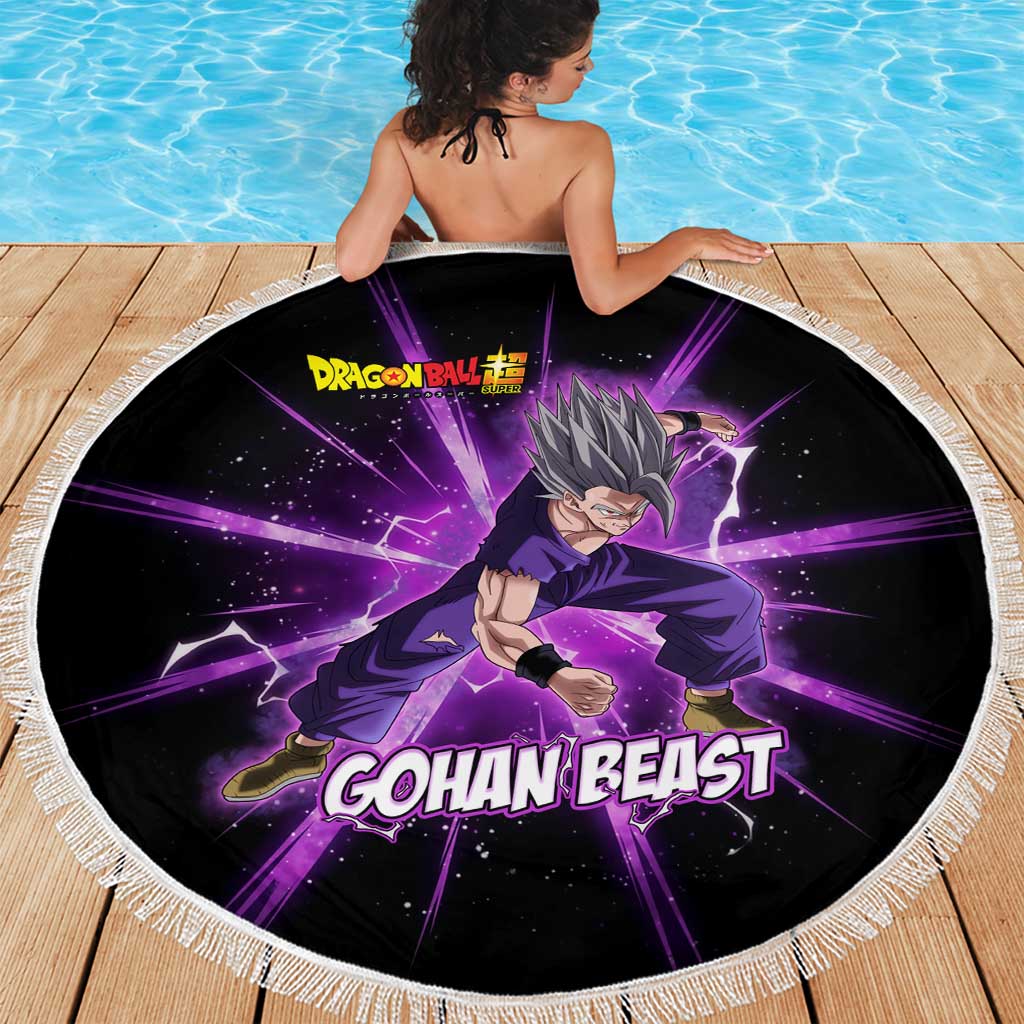 Gohan Beast Dragon Ball Super Anime Purple Lightning Aura Design Beach Blanket with Dynamic Power Pose and Energy Burst Background - The Mazicc