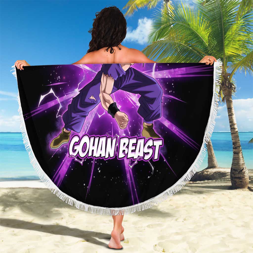 Gohan Beast Dragon Ball Super Anime Purple Lightning Aura Design Beach Blanket with Dynamic Power Pose and Energy Burst Background - The Mazicc