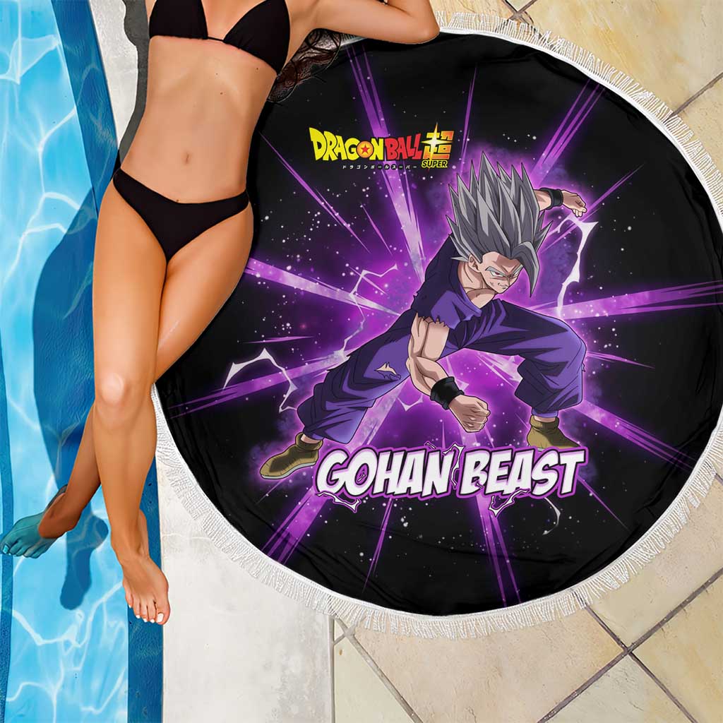 Gohan Beast Dragon Ball Super Anime Purple Lightning Aura Design Beach Blanket with Dynamic Power Pose and Energy Burst Background - The Mazicc