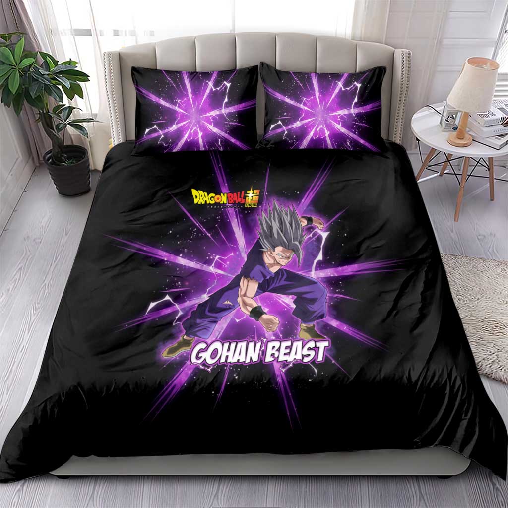 Gohan Beast Dragon Ball Super Anime Purple Lightning Aura Design Bedding Set with Dynamic Power Pose and Energy Burst Background - The Mazicc
