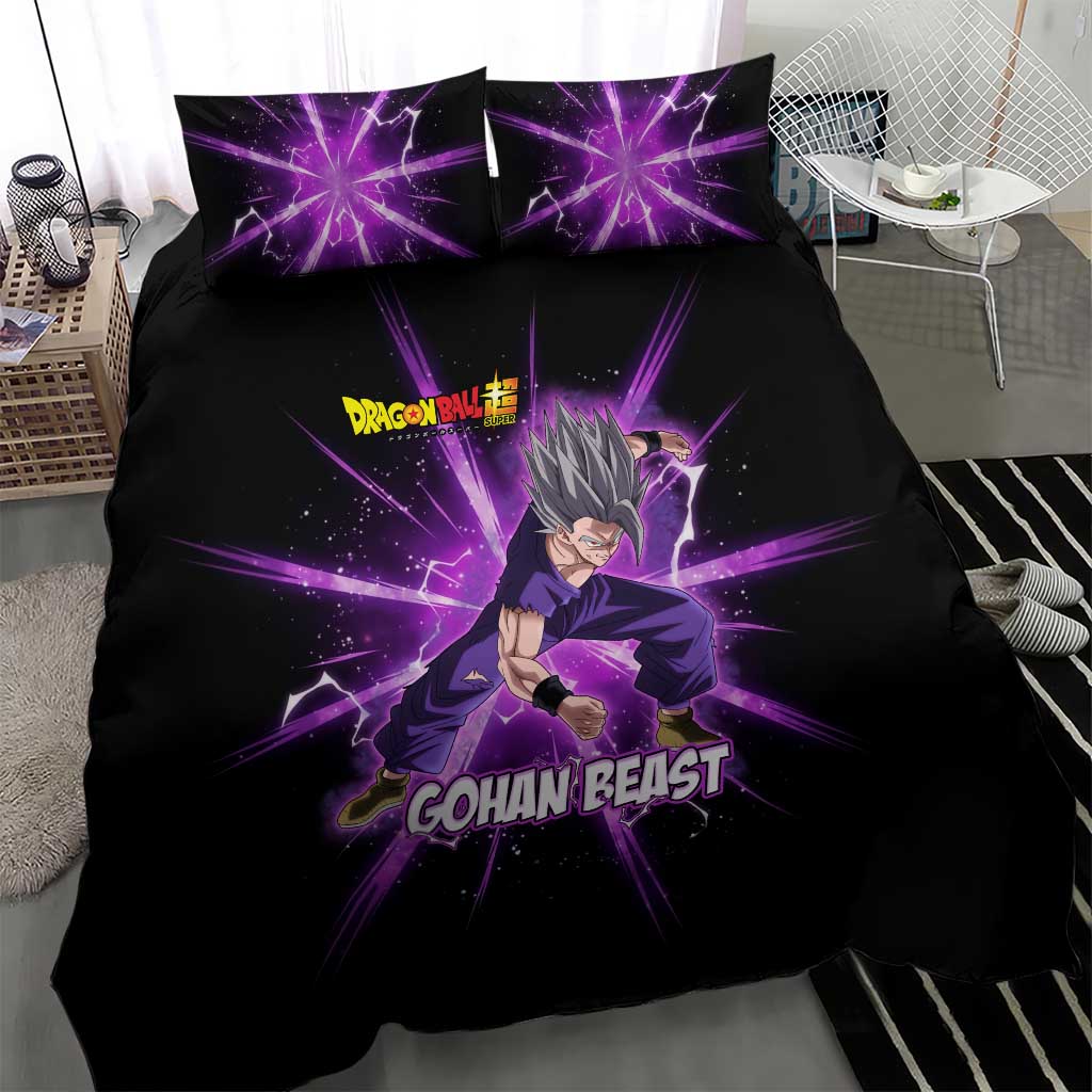 Gohan Beast Dragon Ball Super Anime Purple Lightning Aura Design Bedding Set with Dynamic Power Pose and Energy Burst Background - The Mazicc