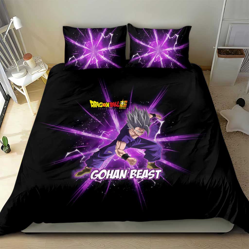 Gohan Beast Dragon Ball Super Anime Purple Lightning Aura Design Bedding Set with Dynamic Power Pose and Energy Burst Background - The Mazicc