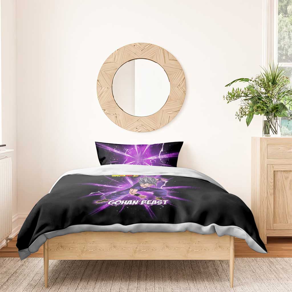Gohan Beast Dragon Ball Super Anime Purple Lightning Aura Design Bedding Set with Dynamic Power Pose and Energy Burst Background - The Mazicc