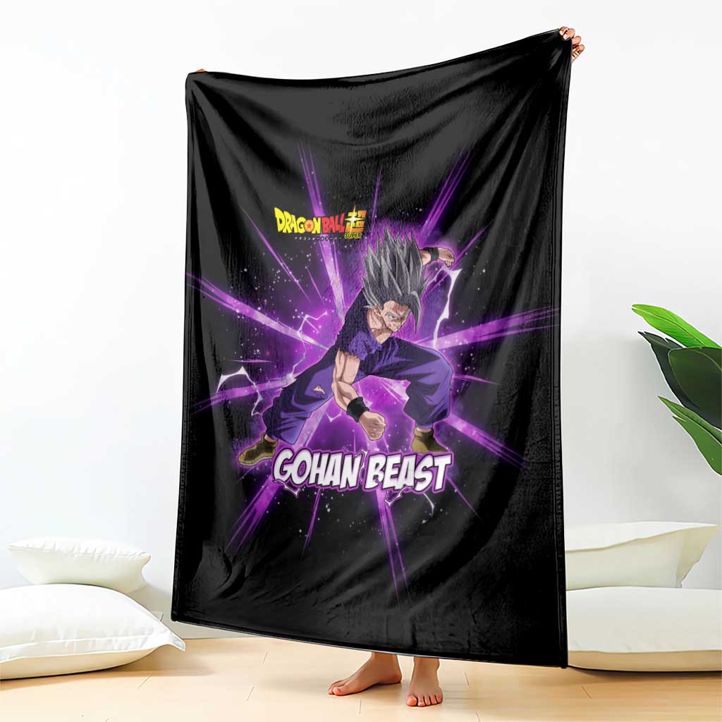 Gohan Beast Dragon Ball Super Anime Purple Lightning Aura Design Blanket with Dynamic Power Pose and Energy Burst Background - The Mazicc