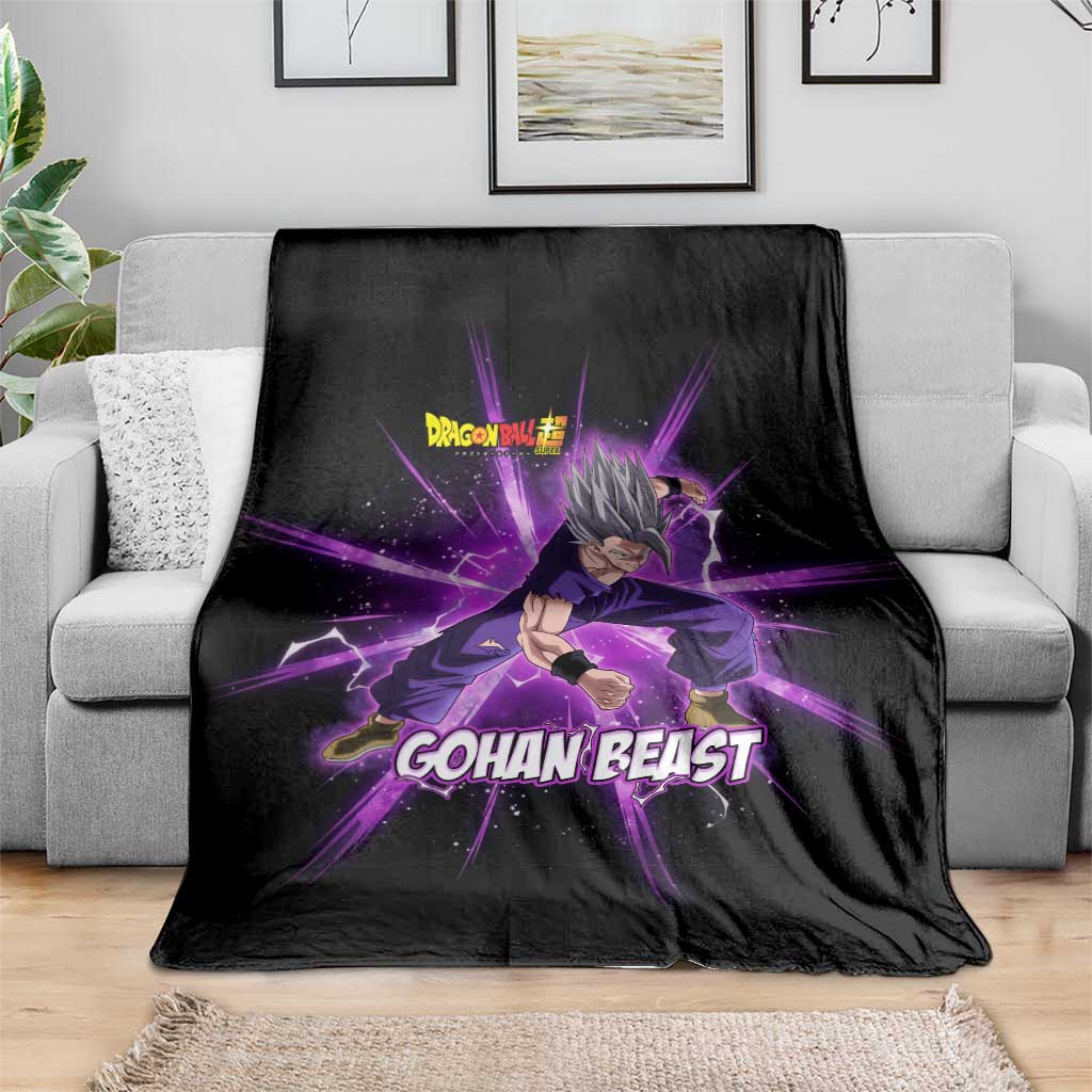 Gohan Beast Dragon Ball Super Anime Purple Lightning Aura Design Blanket with Dynamic Power Pose and Energy Burst Background - The Mazicc