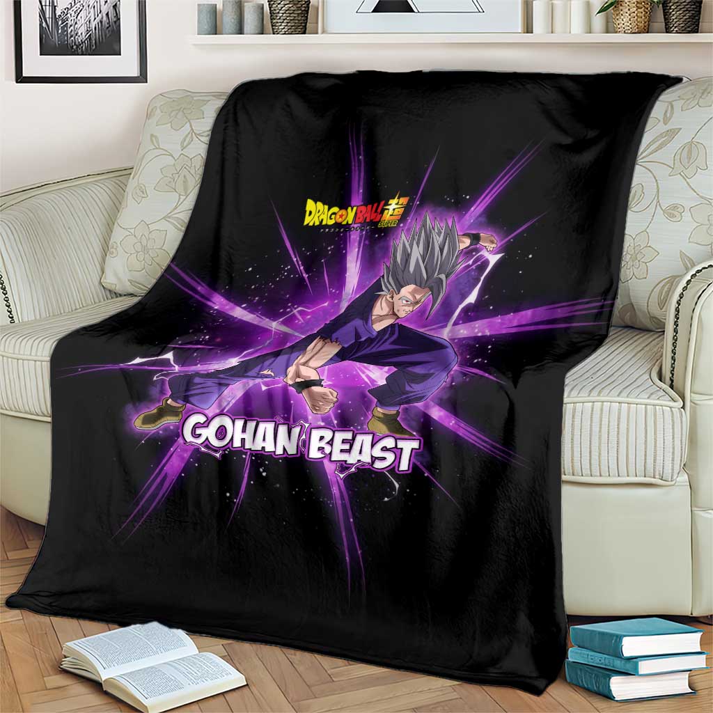 Gohan Beast Dragon Ball Super Anime Purple Lightning Aura Design Blanket with Dynamic Power Pose and Energy Burst Background - The Mazicc