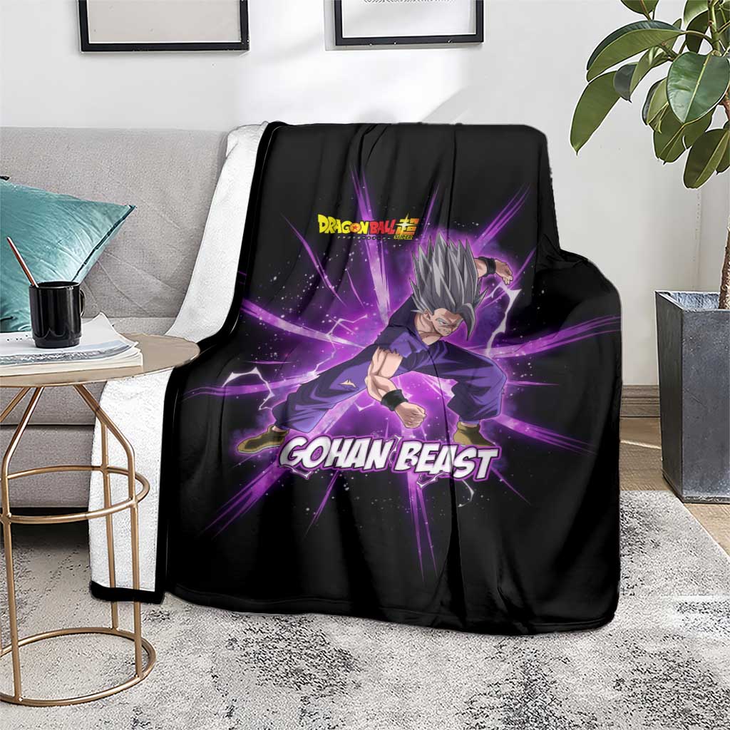 Gohan Beast Dragon Ball Super Anime Purple Lightning Aura Design Blanket with Dynamic Power Pose and Energy Burst Background - The Mazicc