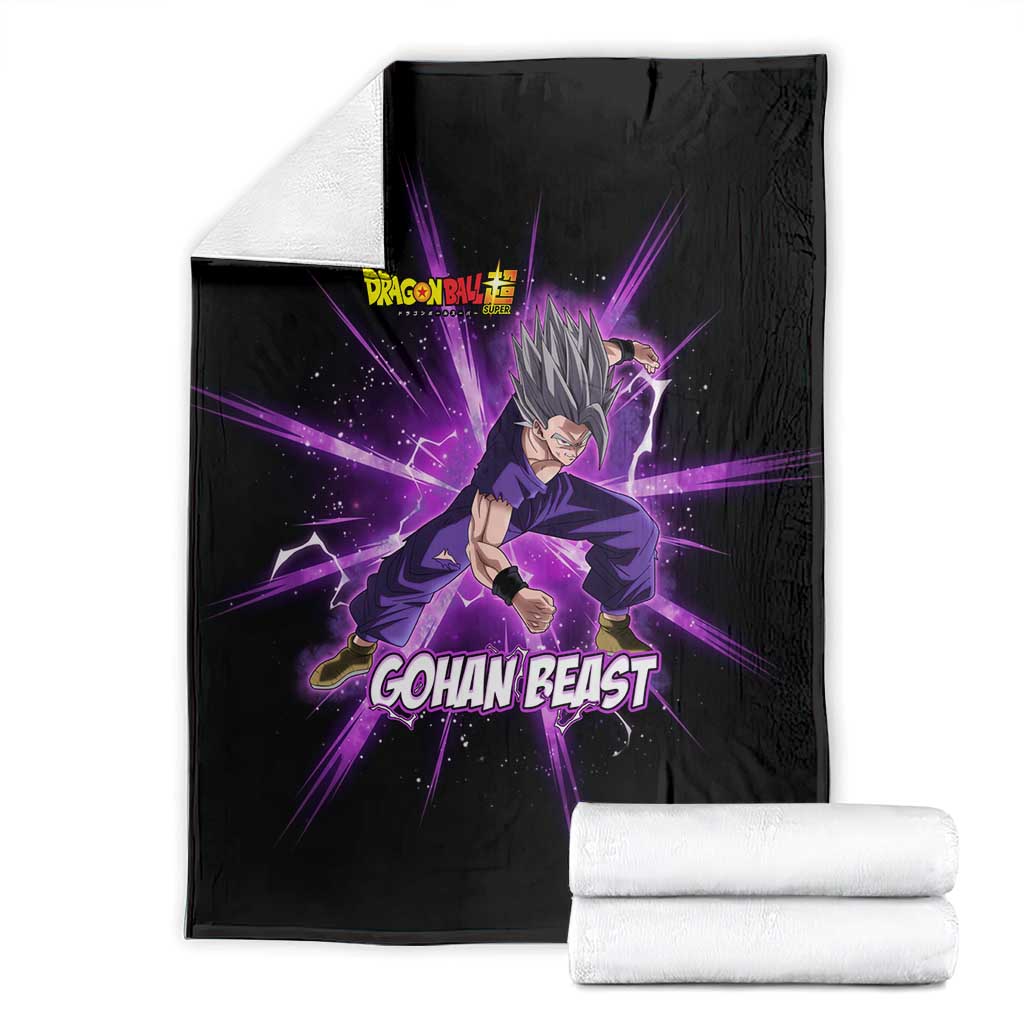 Gohan Beast Dragon Ball Super Anime Purple Lightning Aura Design Blanket with Dynamic Power Pose and Energy Burst Background - The Mazicc