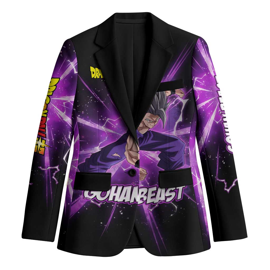 Gohan Beast Dragon Ball Super Anime Purple Lightning Aura Design Blazer with Dynamic Power Pose and Energy Burst Background - The Mazicc