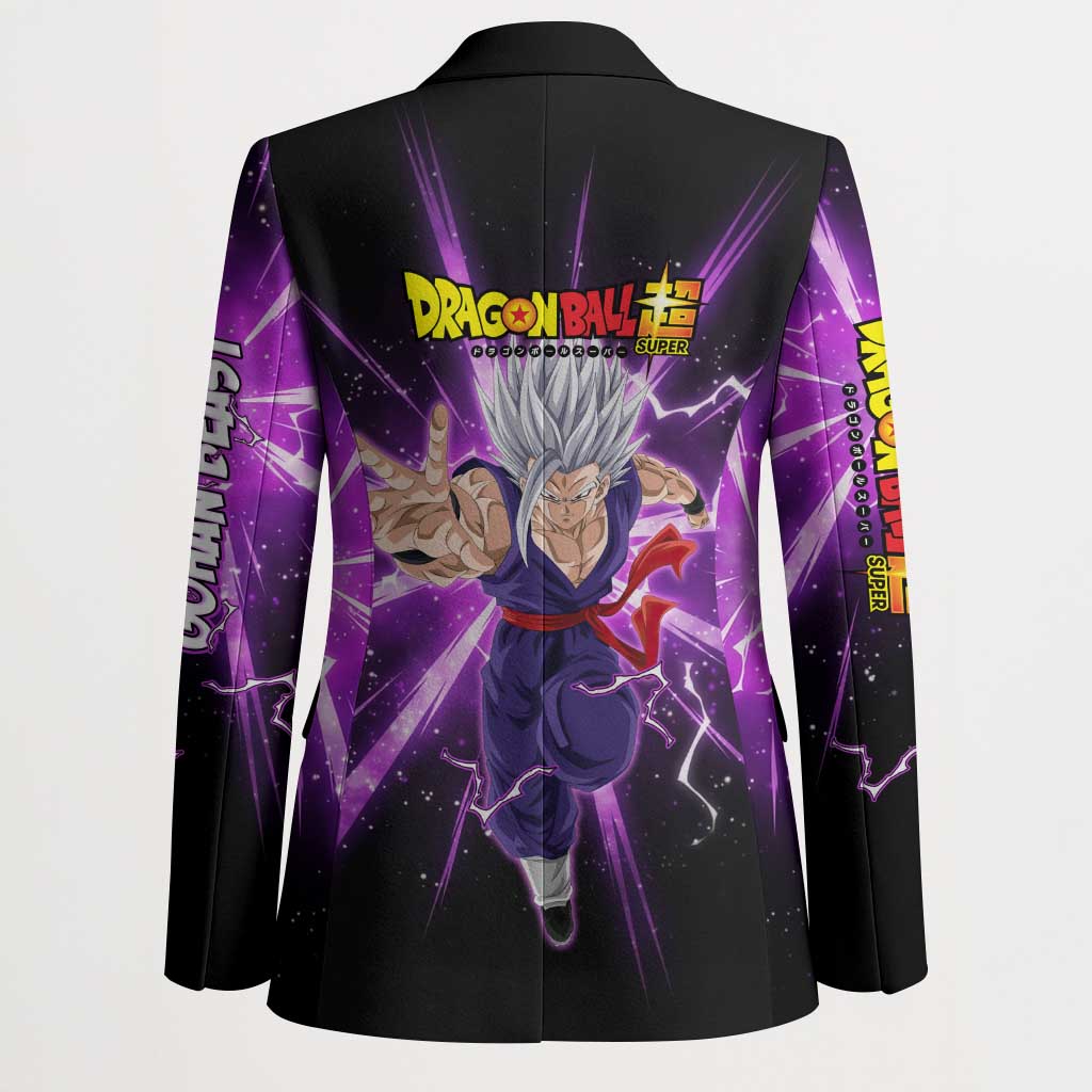 Gohan Beast Dragon Ball Super Anime Purple Lightning Aura Design Blazer with Dynamic Power Pose and Energy Burst Background - The Mazicc