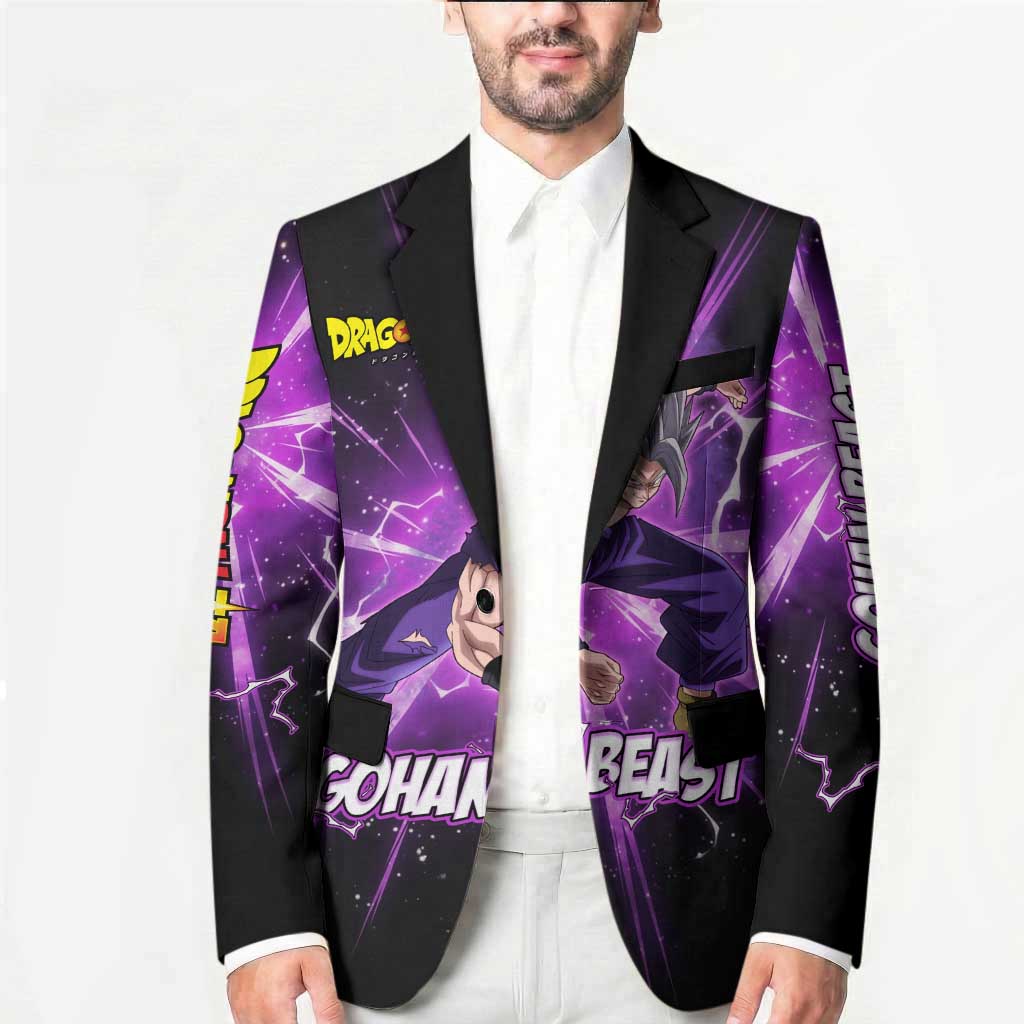 Gohan Beast Dragon Ball Super Anime Purple Lightning Aura Design Blazer with Dynamic Power Pose and Energy Burst Background - The Mazicc