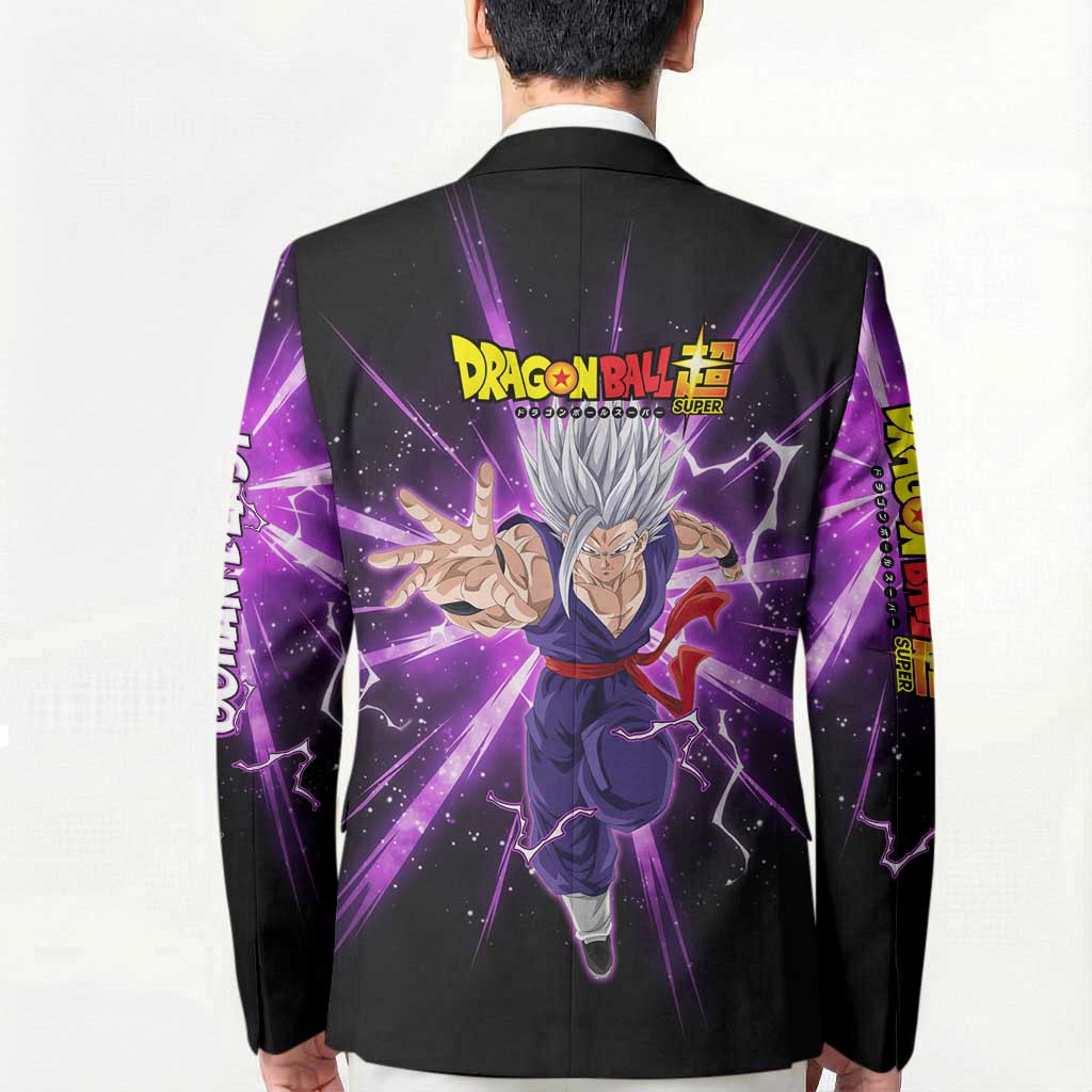Gohan Beast Dragon Ball Super Anime Purple Lightning Aura Design Blazer with Dynamic Power Pose and Energy Burst Background - The Mazicc