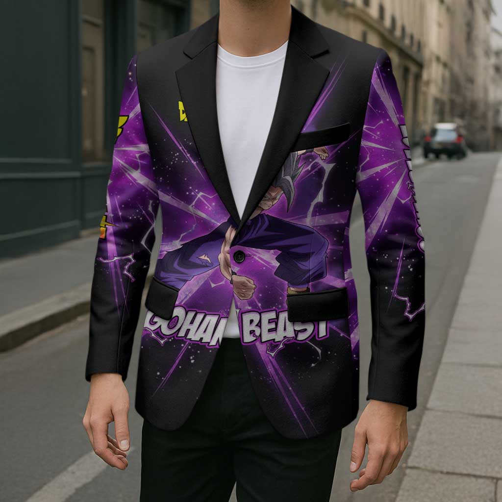 Gohan Beast Dragon Ball Super Anime Purple Lightning Aura Design Blazer with Dynamic Power Pose and Energy Burst Background - The Mazicc