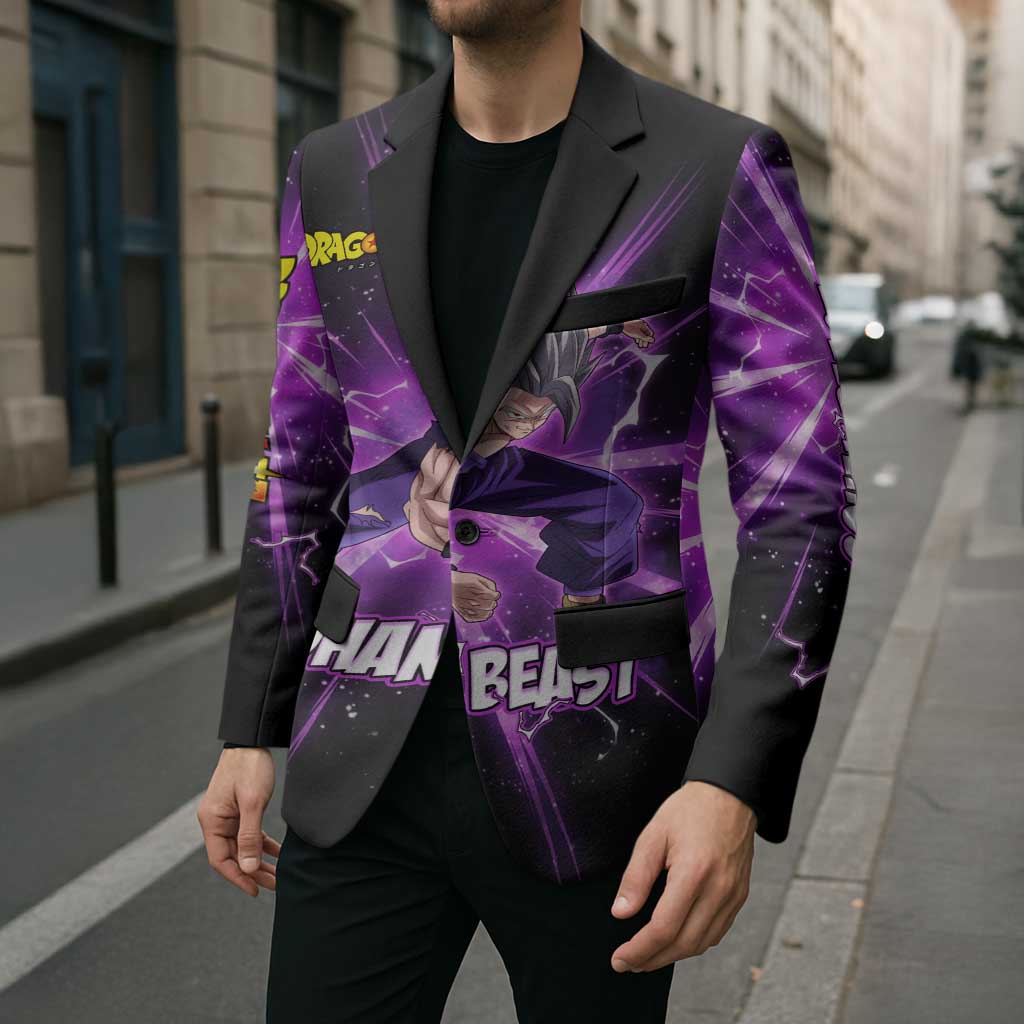 Gohan Beast Dragon Ball Super Anime Purple Lightning Aura Design Blazer with Dynamic Power Pose and Energy Burst Background - The Mazicc