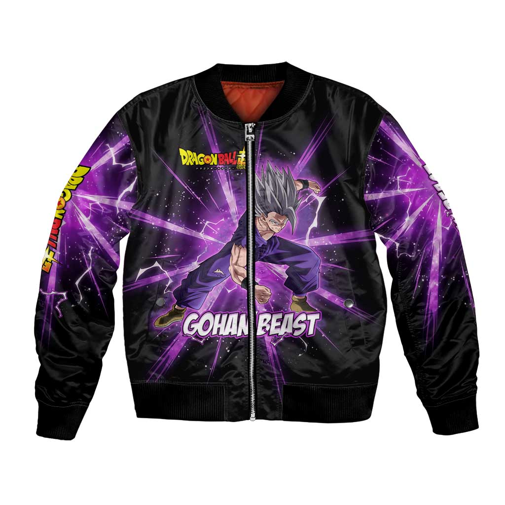 Gohan Beast Dragon Ball Super Anime Purple Lightning Aura Design Bomber Jacket with Dynamic Power Pose and Energy Burst Background - The Mazicc