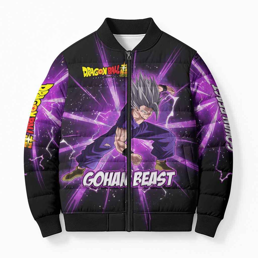 Gohan Beast Dragon Ball Super Anime Purple Lightning Aura Design Bomber Puffer Jacket with Dynamic Power Pose and Energy Burst Background - The Mazicc