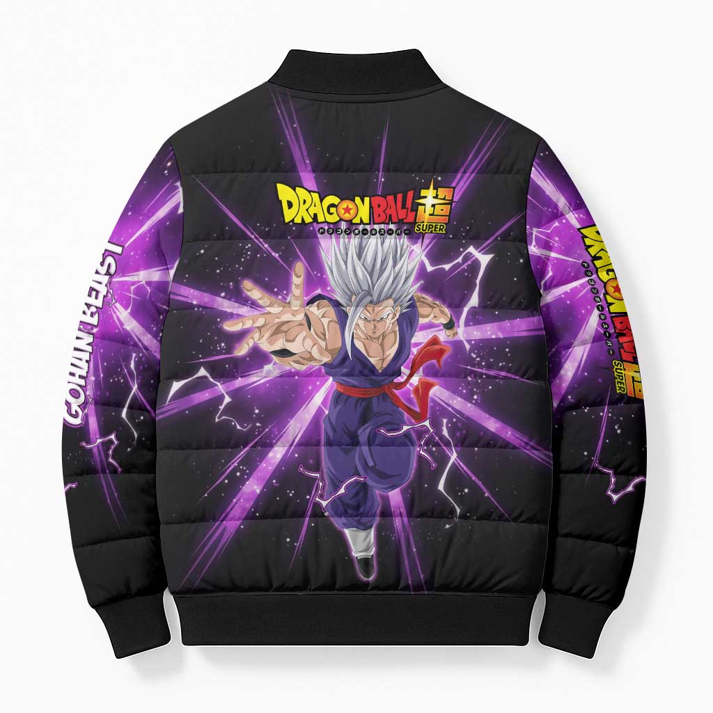 Gohan Beast Dragon Ball Super Anime Purple Lightning Aura Design Bomber Puffer Jacket with Dynamic Power Pose and Energy Burst Background - The Mazicc