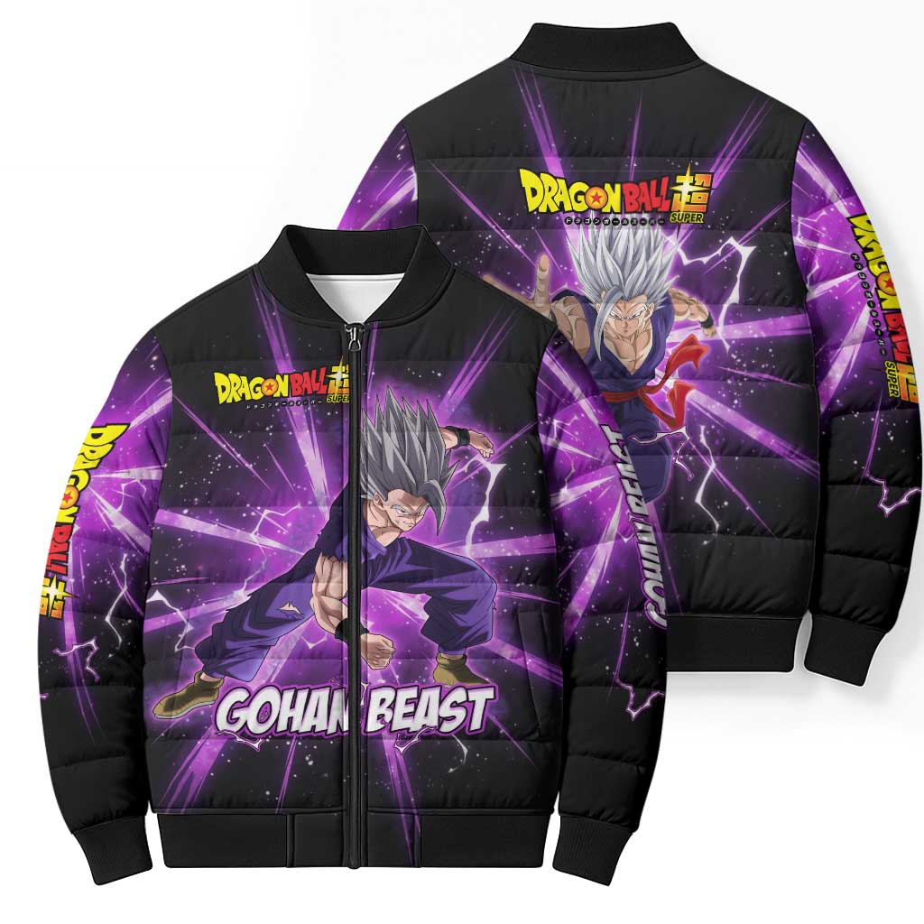 Gohan Beast Dragon Ball Super Anime Purple Lightning Aura Design Bomber Puffer Jacket with Dynamic Power Pose and Energy Burst Background - The Mazicc
