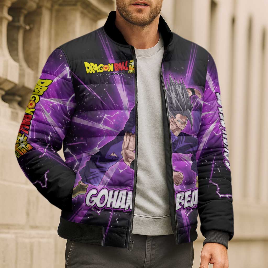 Gohan Beast Dragon Ball Super Anime Purple Lightning Aura Design Bomber Puffer Jacket with Dynamic Power Pose and Energy Burst Background - The Mazicc