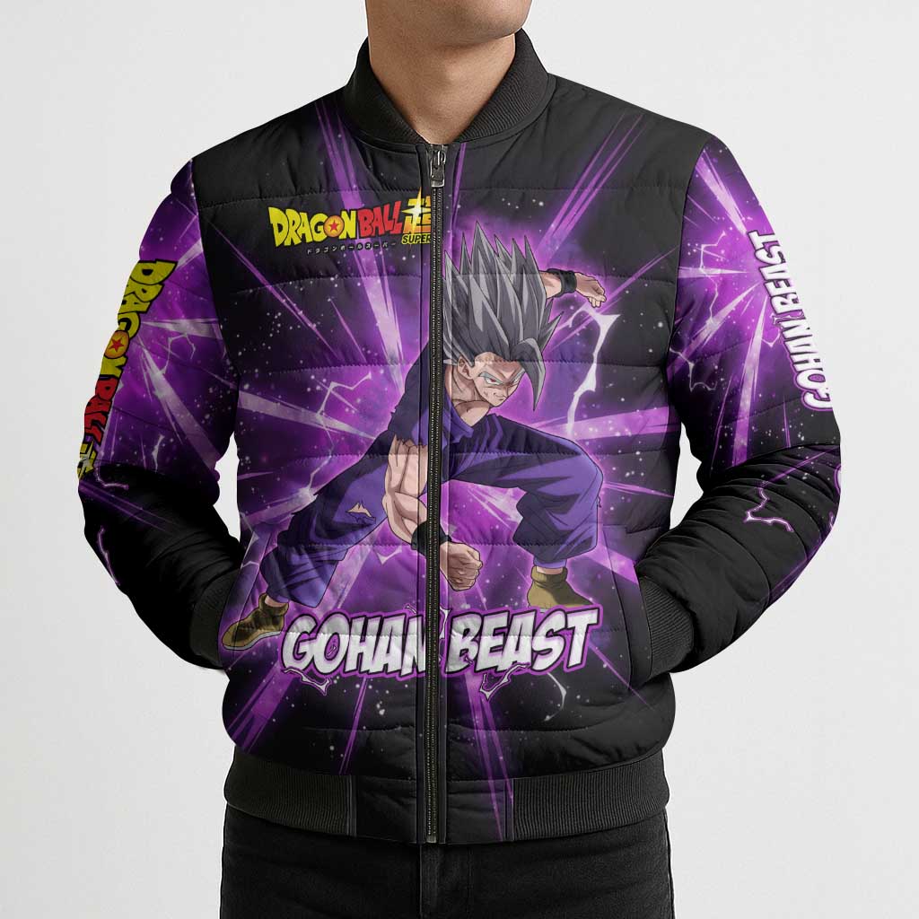 Gohan Beast Dragon Ball Super Anime Purple Lightning Aura Design Bomber Puffer Jacket with Dynamic Power Pose and Energy Burst Background - The Mazicc