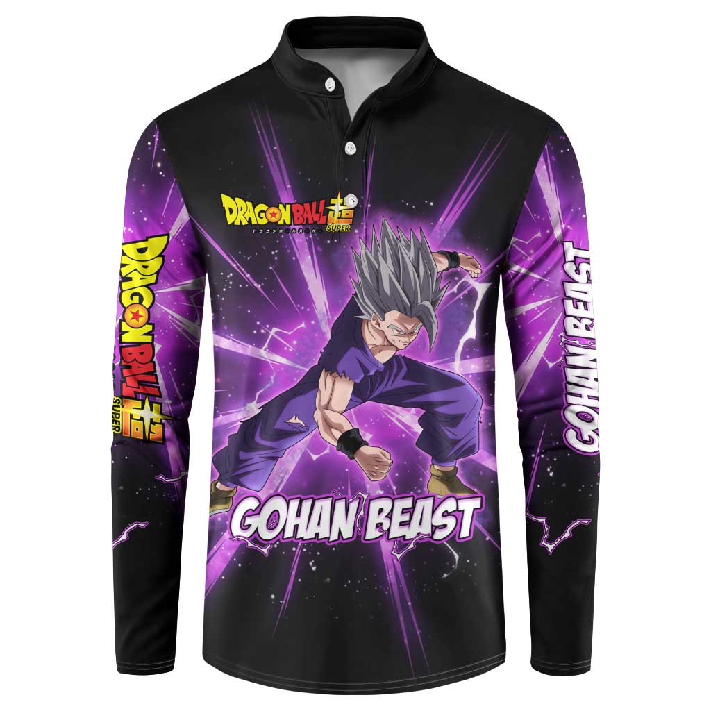 Gohan Beast Dragon Ball Super Anime Purple Lightning Aura Design Button Sweatshirt with Dynamic Power Pose and Energy Burst Background - The Mazicc