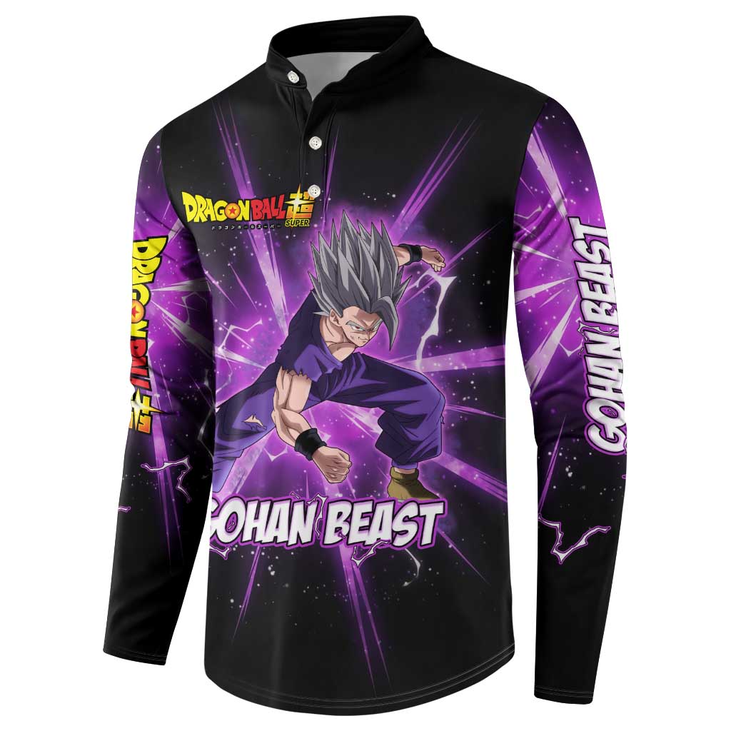 Gohan Beast Dragon Ball Super Anime Purple Lightning Aura Design Button Sweatshirt with Dynamic Power Pose and Energy Burst Background - The Mazicc