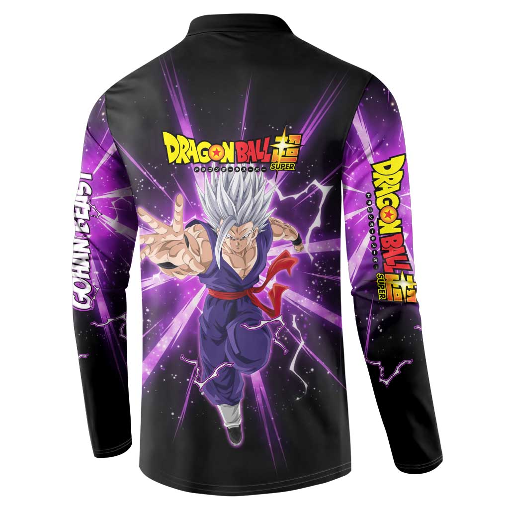 Gohan Beast Dragon Ball Super Anime Purple Lightning Aura Design Button Sweatshirt with Dynamic Power Pose and Energy Burst Background - The Mazicc
