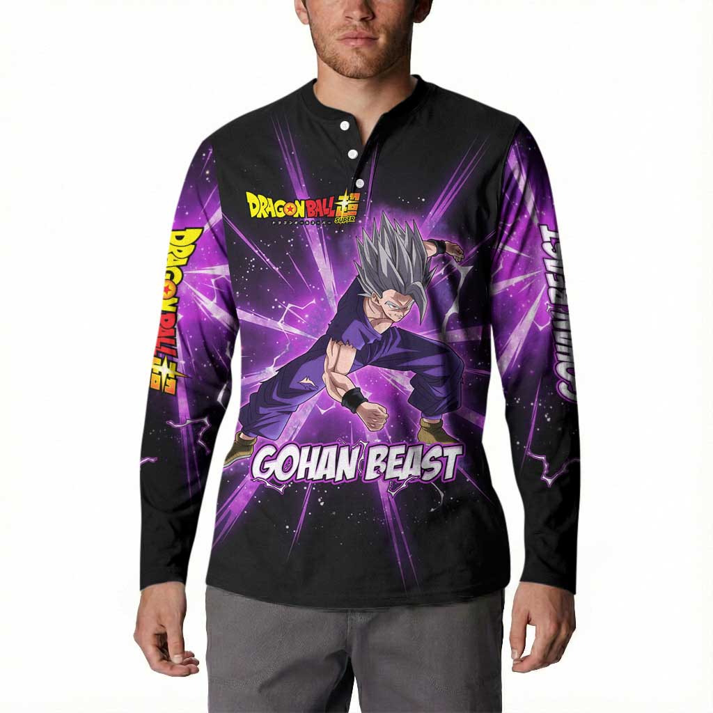 Gohan Beast Dragon Ball Super Anime Purple Lightning Aura Design Button Sweatshirt with Dynamic Power Pose and Energy Burst Background - The Mazicc