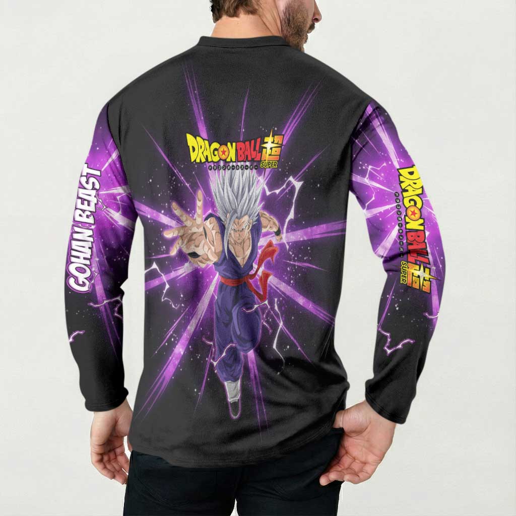 Gohan Beast Dragon Ball Super Anime Purple Lightning Aura Design Button Sweatshirt with Dynamic Power Pose and Energy Burst Background - The Mazicc