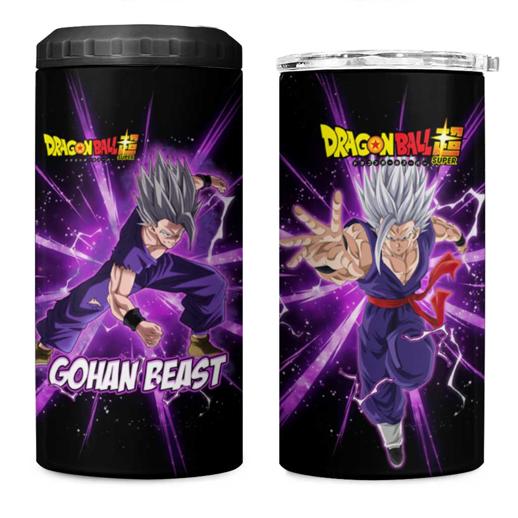 Gohan Beast Dragon Ball Super Anime Purple Lightning Aura Design 4 in 1 Can Cooler Tumbler with Dynamic Power Pose and Energy Burst Background - The Mazicc
