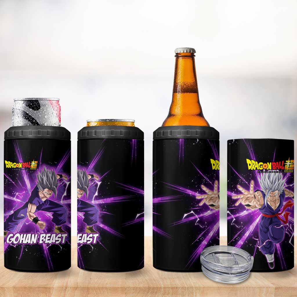 Gohan Beast Dragon Ball Super Anime Purple Lightning Aura Design 4 in 1 Can Cooler Tumbler with Dynamic Power Pose and Energy Burst Background - The Mazicc