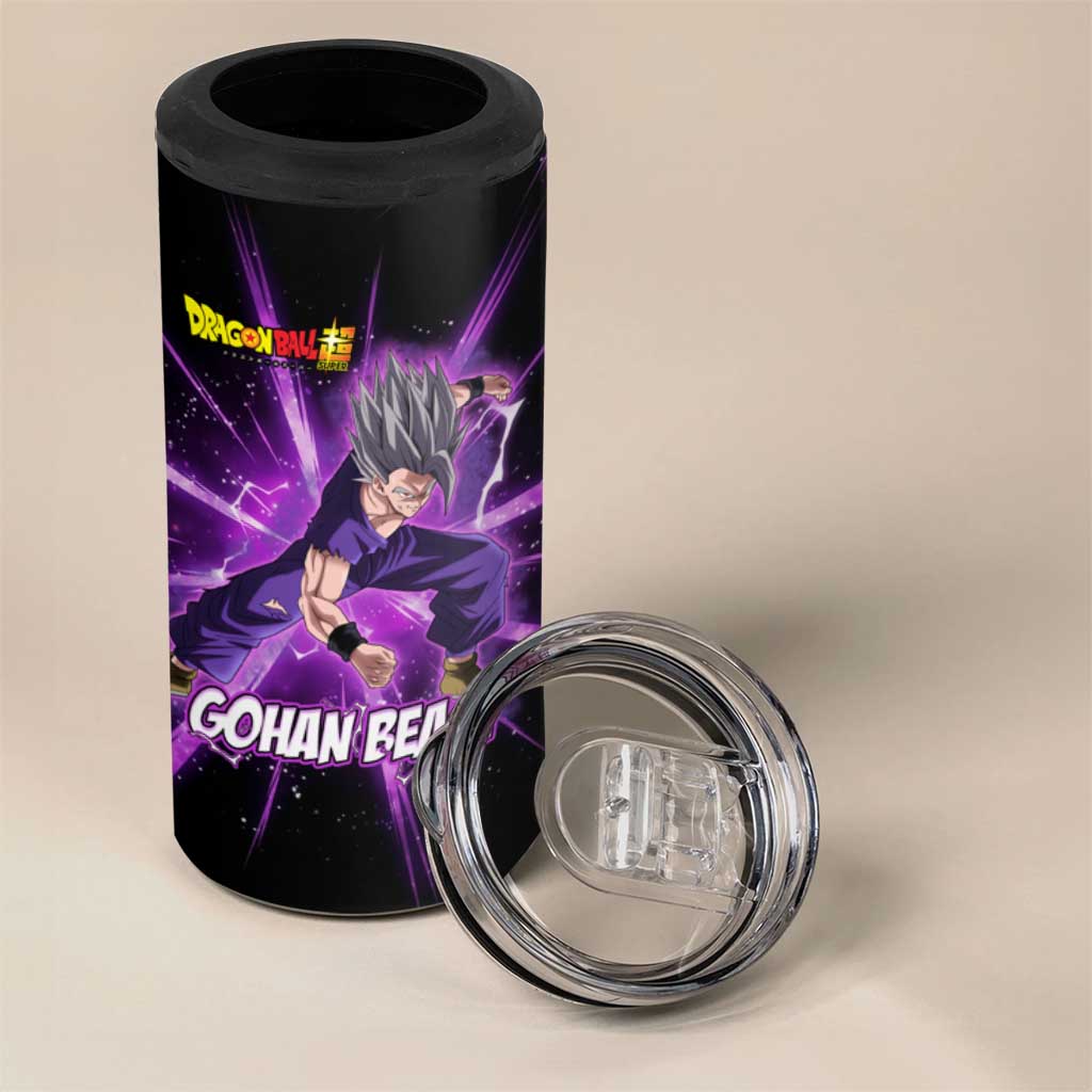 Gohan Beast Dragon Ball Super Anime Purple Lightning Aura Design 4 in 1 Can Cooler Tumbler with Dynamic Power Pose and Energy Burst Background - The Mazicc