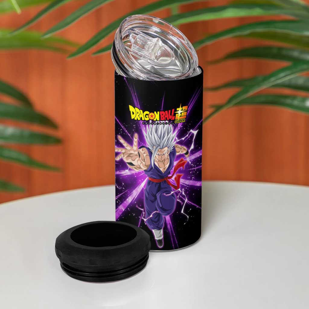 Gohan Beast Dragon Ball Super Anime Purple Lightning Aura Design 4 in 1 Can Cooler Tumbler with Dynamic Power Pose and Energy Burst Background - The Mazicc