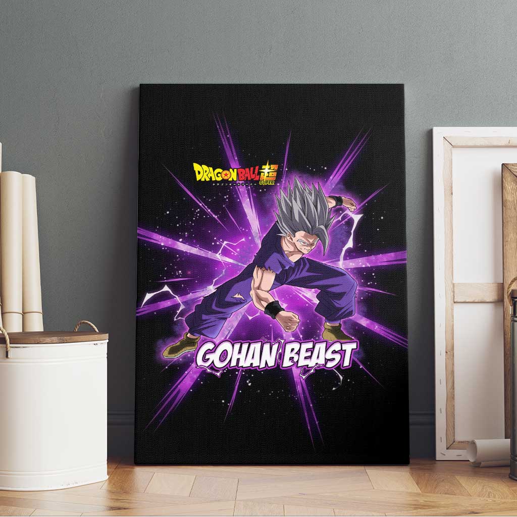 Gohan Beast Dragon Ball Super Anime Purple Lightning Aura Design Canvas Wall Art with Dynamic Power Pose and Energy Burst Background - The Mazicc