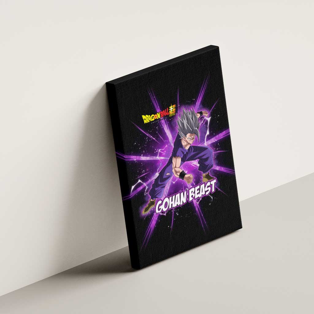 Gohan Beast Dragon Ball Super Anime Purple Lightning Aura Design Canvas Wall Art with Dynamic Power Pose and Energy Burst Background - The Mazicc