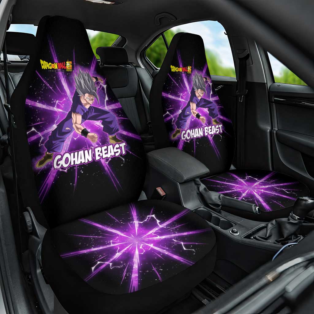 Gohan Beast Dragon Ball Super Anime Purple Lightning Aura Design Car Seat Cover with Dynamic Power Pose and Energy Burst Background - The Mazicc