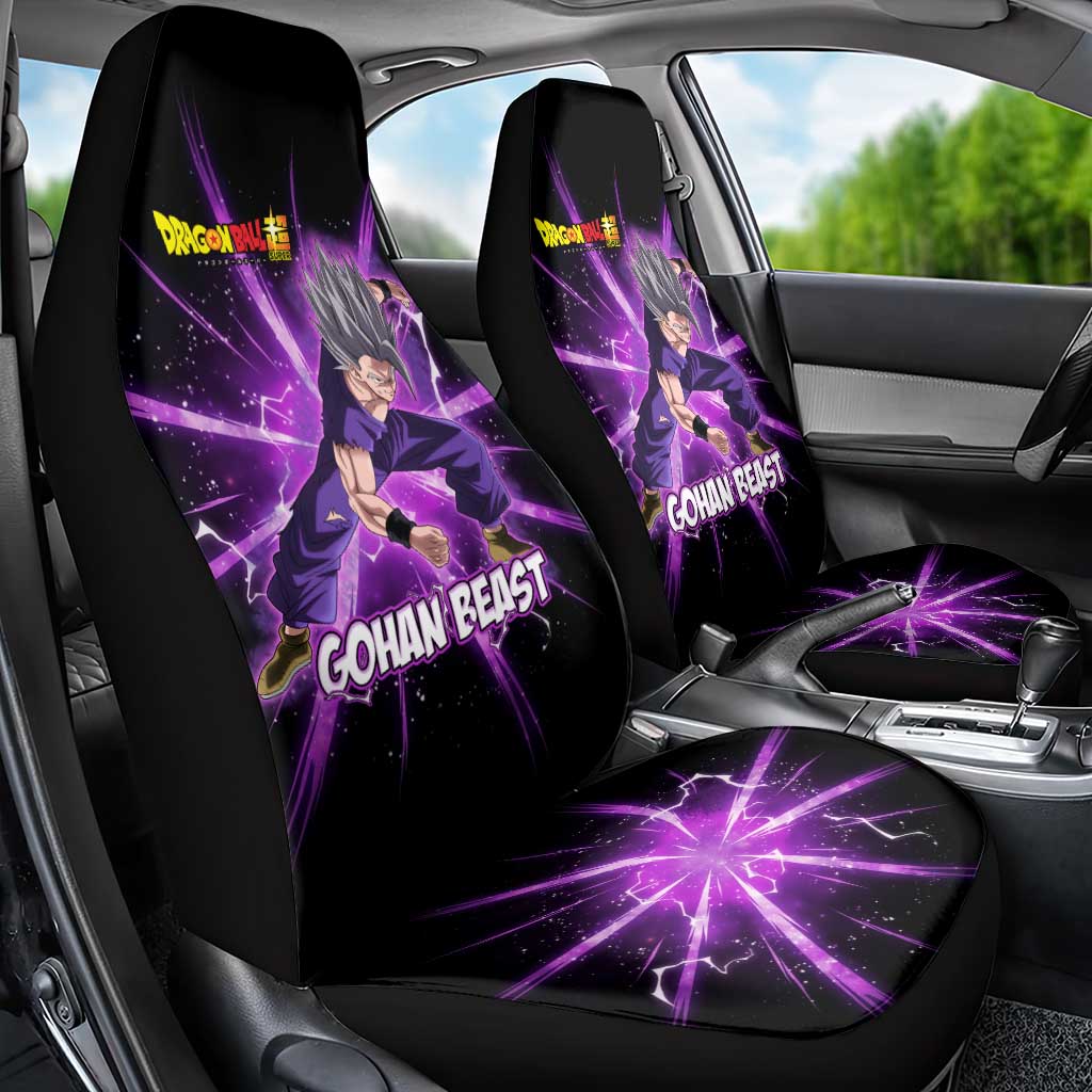 Gohan Beast Dragon Ball Super Anime Purple Lightning Aura Design Car Seat Cover with Dynamic Power Pose and Energy Burst Background - The Mazicc