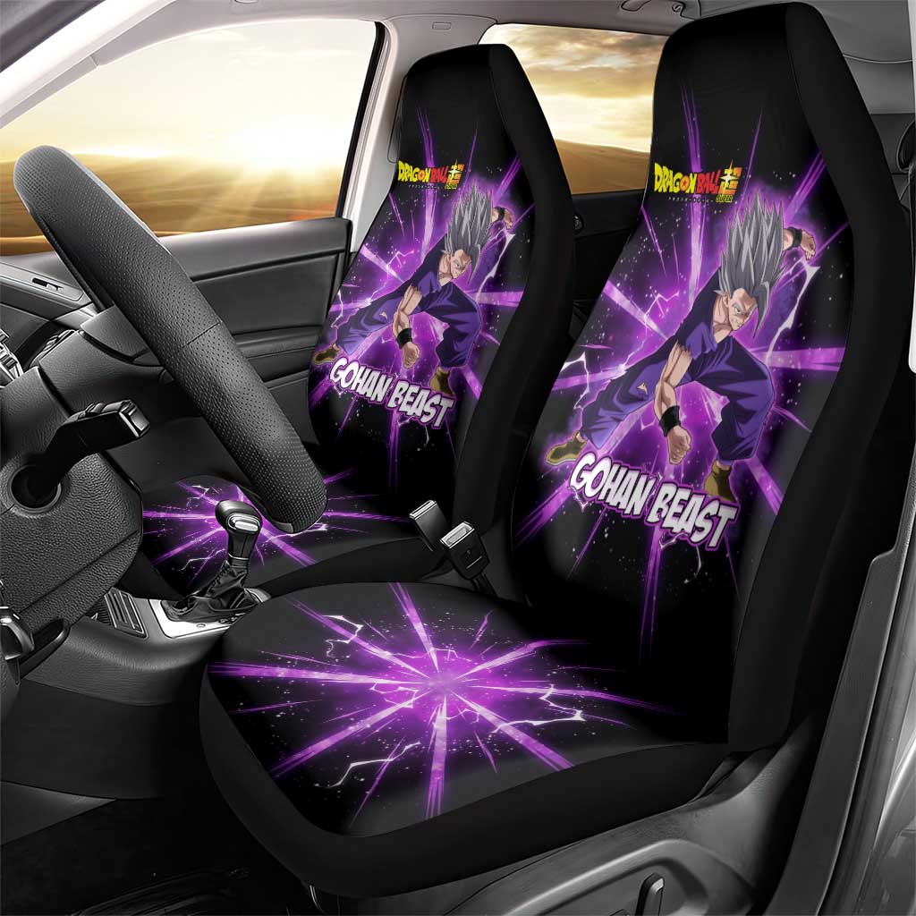 Gohan Beast Dragon Ball Super Anime Purple Lightning Aura Design Car Seat Cover with Dynamic Power Pose and Energy Burst Background - The Mazicc