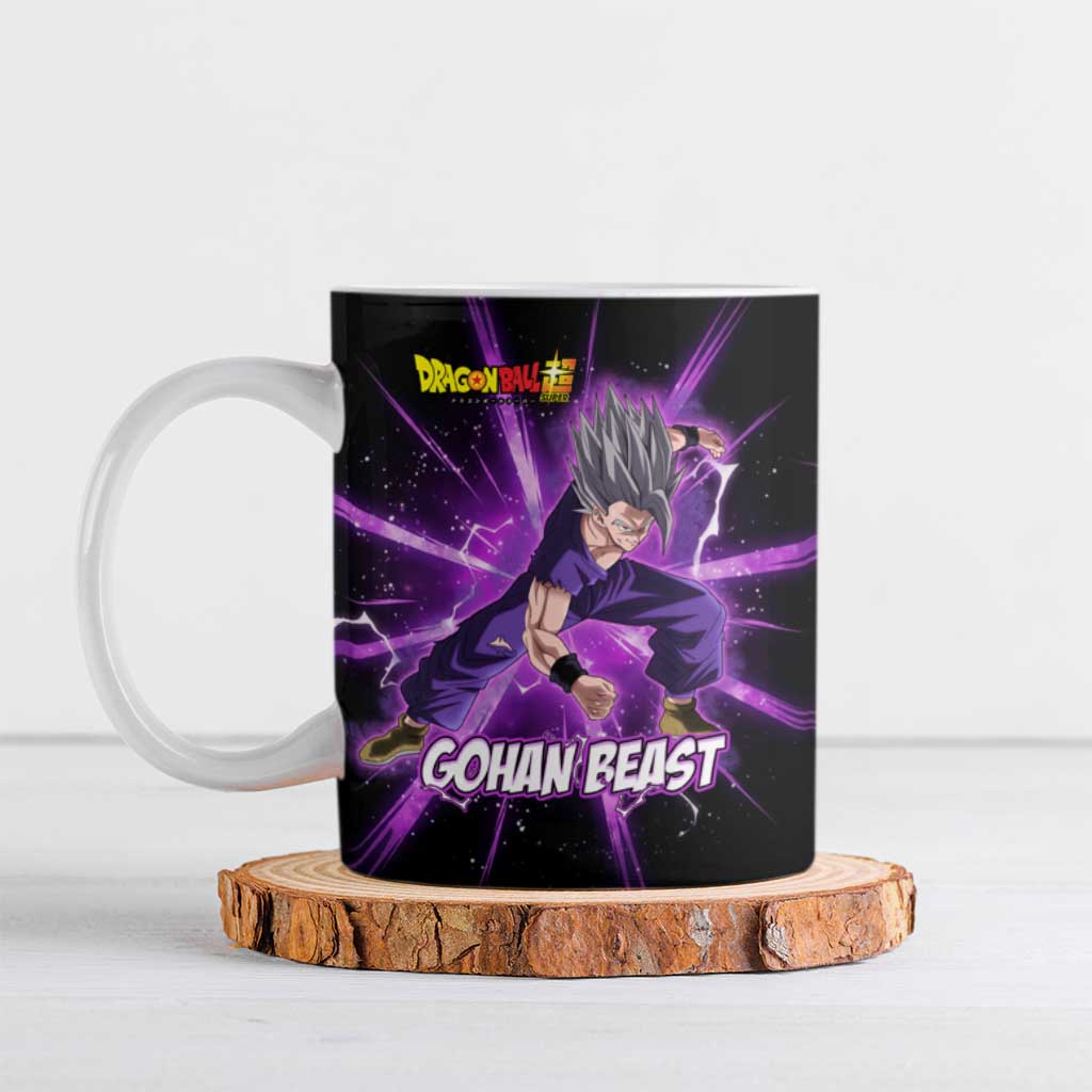 Gohan Beast Dragon Ball Super Anime Purple Lightning Aura Design Ceramic Mug with Dynamic Power Pose and Energy Burst Background - The Mazicc