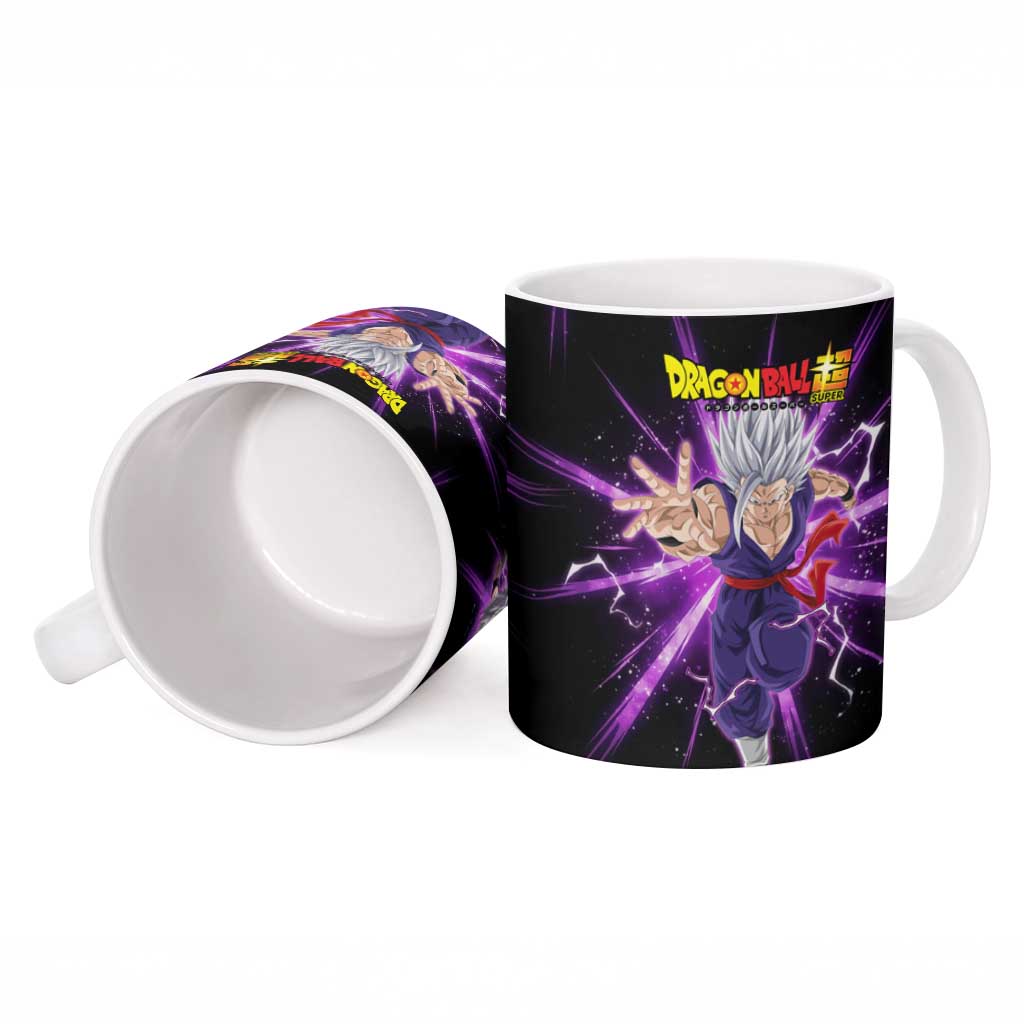 Gohan Beast Dragon Ball Super Anime Purple Lightning Aura Design Ceramic Mug with Dynamic Power Pose and Energy Burst Background - The Mazicc