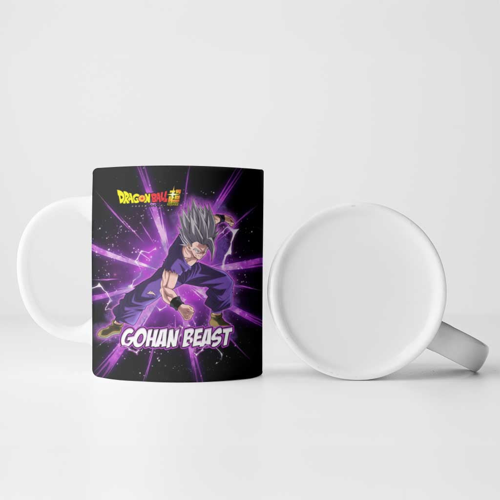 Gohan Beast Dragon Ball Super Anime Purple Lightning Aura Design Ceramic Mug with Dynamic Power Pose and Energy Burst Background - The Mazicc