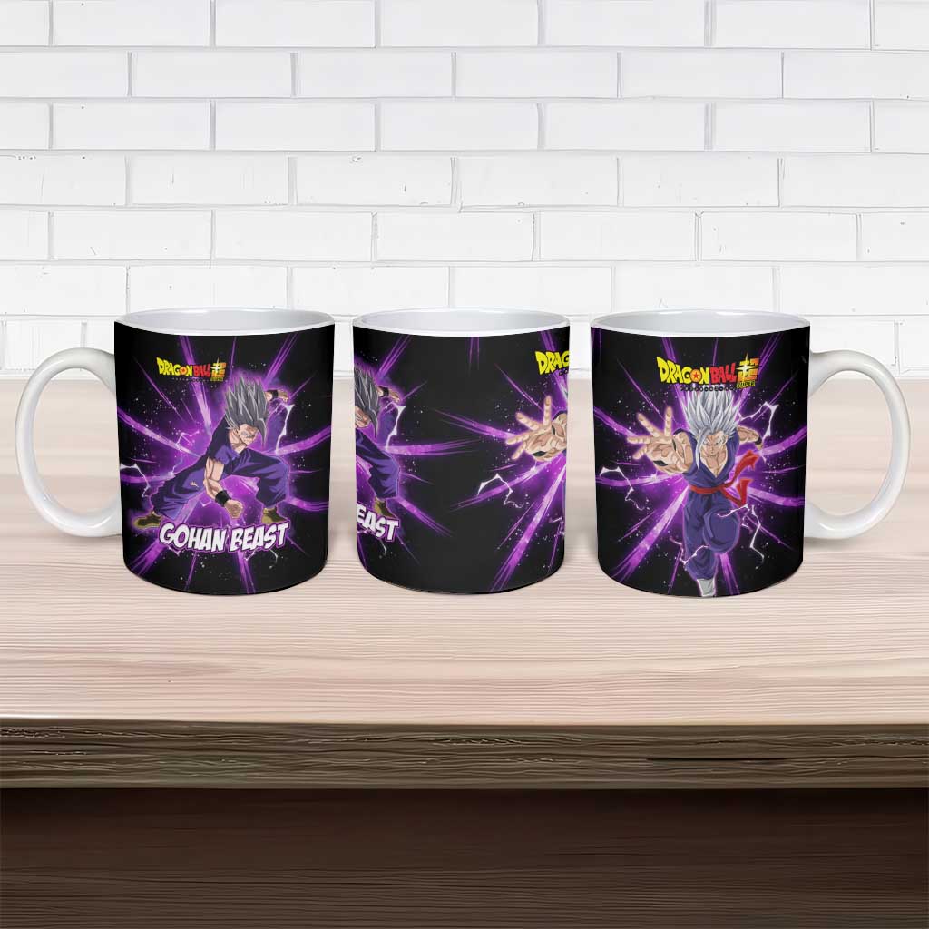Gohan Beast Dragon Ball Super Anime Purple Lightning Aura Design Ceramic Mug with Dynamic Power Pose and Energy Burst Background - The Mazicc