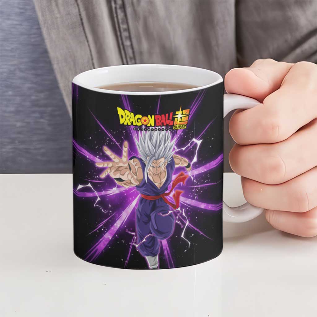 Gohan Beast Dragon Ball Super Anime Purple Lightning Aura Design Ceramic Mug with Dynamic Power Pose and Energy Burst Background - The Mazicc