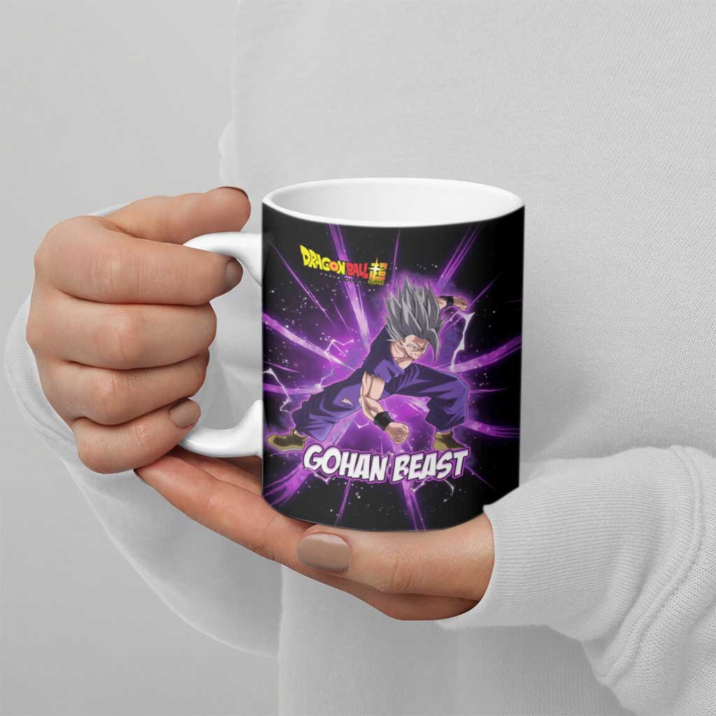 Gohan Beast Dragon Ball Super Anime Purple Lightning Aura Design Ceramic Mug with Dynamic Power Pose and Energy Burst Background - The Mazicc